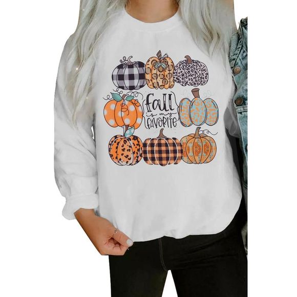 Azura Exchange  White Plaid Leopard Polka Dot Pumpkin Print Pullover Sweatshirt - Picture 3 of 5